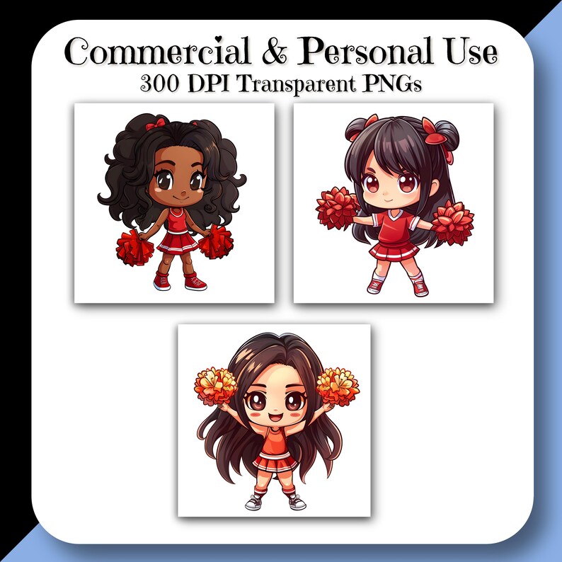 Chibi CHEERLEADER Clipart Set B PNG, Girl Cheer, Digital Download for ...