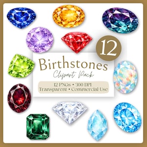 May include: A collection of twelve colorful gemstone illustrations, including blue, yellow, purple, red, green, and white. The image includes the text "Birthstones Clipart Pack" and details about the images.