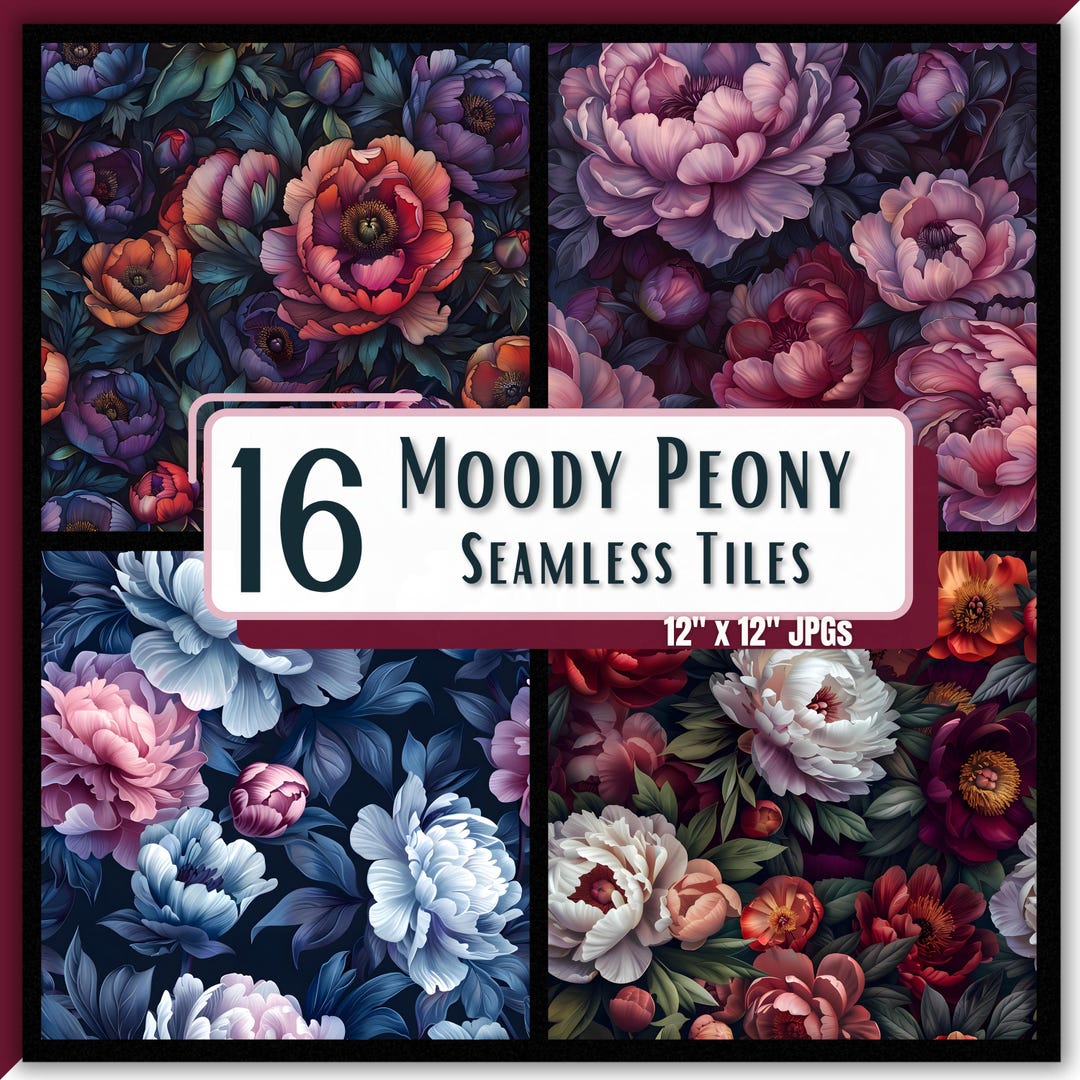 MOODY PEONY Seamless Patterns Digital Floral Paper Botanical Scrapbook ...