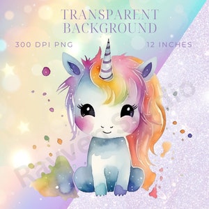 Watercolor Rainbow Unicorn Clipart | Transparent Kids/Adult Design | Sublimation Art | Cute Unicorn | Kawaii Unicorn Nursery | Baby Unicorn