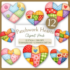 Könnte beinhalten: Neun farbenfrohe Patchwork-Herz-Designs. Jedes Herz besteht aus verschiedenen Stoffmustern und -farben, darunter Rosa, Blau, Gelb und Grün. Einige Herzen haben Knöpfe oder kleine Herzapplikationen. Der Text "Patchwork Hearts Clipart Pack" ist enthalten.