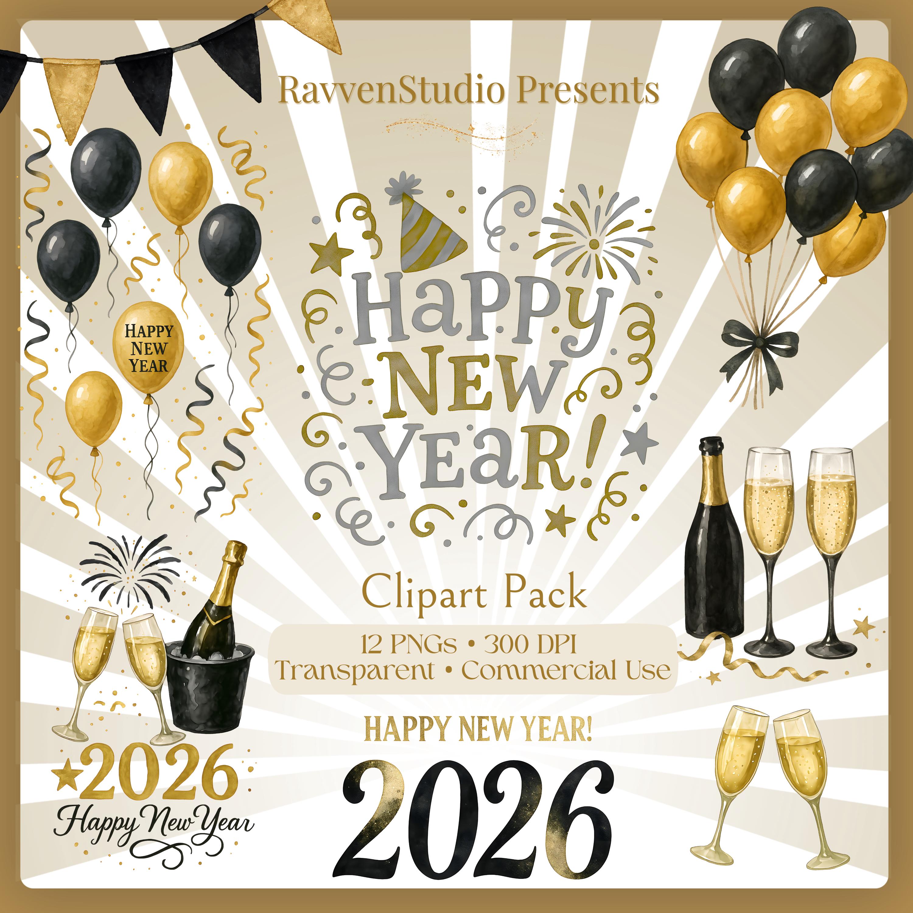 Happy New Year 2026 Clipart Pack, Festive PNG Bundle (digital