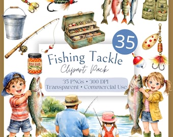 Fishing Tackle Clipart Pack, Vintage Watercolor Illustration, Father's Day, Lures Rods Fish Vest PNG, (Digital Download Commercial Use)