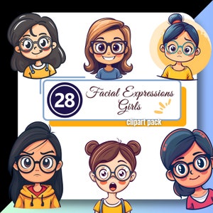 Espressione facciale ragazza emozione clipart, educativo, scuola domestica sentimenti occhiali PNG, download digitale istantaneo uso commerciale insegnante