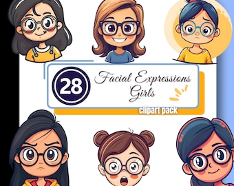 Imágenes prediseñadas de expresión facial de niña, emoción, educación en casa, escuela, sentimientos, gafas PNG, descarga digital instantánea, uso comercial, docente