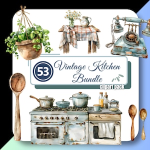 Vintage Küche Aquarell Clipart Bundle, Cottage Clip Art, Back Png, Kochen Bild, sofortiger digitaler Download Kommerzielle Nutzung für Schöpfer
