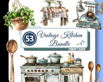Paquete de imágenes prediseñadas de acuarela de cocina vintage, imágenes prediseñadas de cabaña, imágenes PNG de repostería, imágenes de cocina, descarga digital instantánea para uso comercial para creadores.