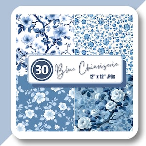 Chinoiserie Floral Digital Paper JPG 12&quot; Vintage Watercolor Baby Shower Blue & White Floral Toile De Jouy Patterns Scrapbooking Background