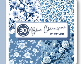 Chinoiserie Floral Digital Paper JPG 12" Vintage Watercolor Baby Shower Blue & White Floral Toile De Jouy Patterns Scrapbooking Background