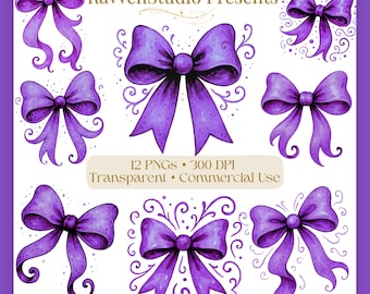 Watercolor Purple Bow Clipart: Lavender Ribbon PNG (Digital Download)