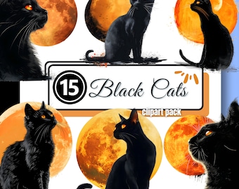 Silueta de gato negro, sol y luna, clipart, Halloween, magia felina, diario basura PNG, descarga digital instantánea, uso comercial, creadores y artesanos