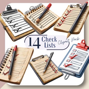 Peut inclure: Ensemble de 14 images clipart de listes de contrôle. Les images incluent des presse-papiers, des cahiers à spirales et des blocs-notes avec des cases à cocher et des coches rouges. Des stylos et des crayons sont également inclus.