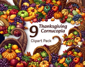 Clipart corne d'abondance, graphiques de récolte d'automne, téléchargement numérique, vacances de Thanksgiving corne d'abondance, maïs, citrouille, fruits, usage commercial PNGs