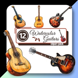 Aquarel gitaren clipart, muziek illustraties, muziekinstrument png, digitale download commercieel gebruik, illustraties voor makers