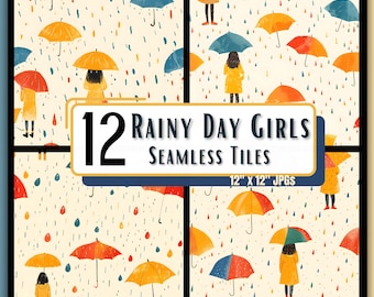 Rainy Day SEAMLESS PATTERN JPG Watercolor Cute Umbrella Design Girl Nursery Decor Digital Paper Scrapbooking Instant Download High Quality