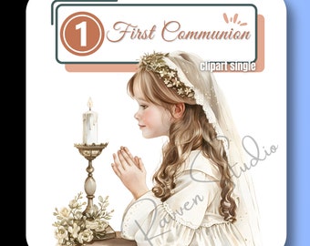 First Holy Communion Clipart, Little Girl Design, Watercolor Clip Art, Religious, Catholic PNG, Commercial Use for Creatives and Crafters