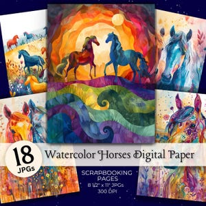 Watercolor Horses Digital Paper JPG Pack - Whimsical Abstract Painting Scrapbook Junk Journal Background -Commercial Use (Digital Download)