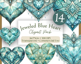 May include: Eight jewel-toned blue heart designs with detailed patterns are displayed. The image includes the text "Jeweled Blue Heart Clipart Pack" with details about the pack, including 14 PNGs, 300 DPI, transparent, and commercial use.