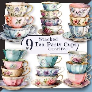 Stacked TEA CUPS Clipart Antique Floral PNG Graphics Crafts Retro Clip Art Collection Vintage Tea Party Set, Digital Download Commercial Use