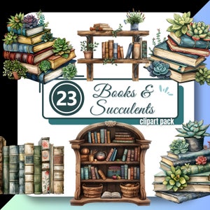 Books and Succulents Clipart, Book Clipart Border, Library PNG, Junk Journal, Instant Digital Download, Commercial Use Graphics for Creators