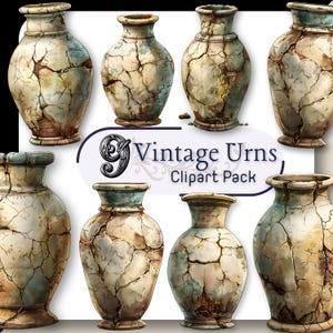 May include: A collection of nine vintage urns with a distressed, cracked appearance. The urns are primarily beige and brown, with hints of blue-green. The image includes the text "Vintage Urns Clipart Pack".