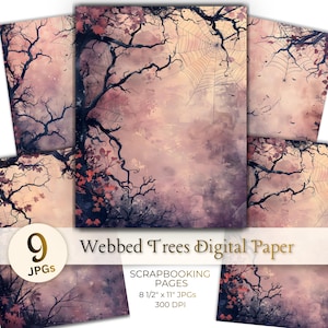 May include: A collection of nine digital paper sheets featuring dark, silhouetted tree branches, intricate spider webs, and scattered autumn leaves against a soft, hazy pink and purple background. Text reads: 9 JPGs Webbed Trees Digital Paper SCRAPBOOKING PAGES 8 1/2" x 11" JPGs 300 DPI.
