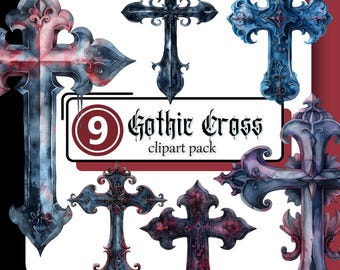 May include: Nine watercolor gothic crosses in various shades of blue, purple, and red. The crosses have intricate details and are perfect for digital scrapbooking, card making, and other craft projects.