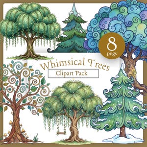 May include: A collection of whimsical tree illustrations in various styles. The images include weeping willows, evergreen trees with snow, and trees with swirling blue and green foliage. The text "Whimsical Trees Clipart Pack" is also present.