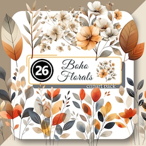 Boho FLORAL Clipart Watercolor Flowers & Leaves Bouquets Rustic Bohemian Wedding Clip Art High Quality PNG Instant Download Commercial Use
