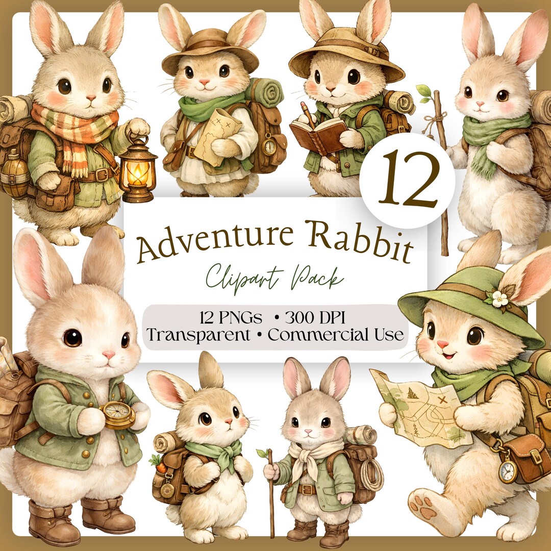 Adventure Rabbit Comic Adventure Rabbit Clipart Pack | Explorer Bunny Pngs | Cute Woodland ...