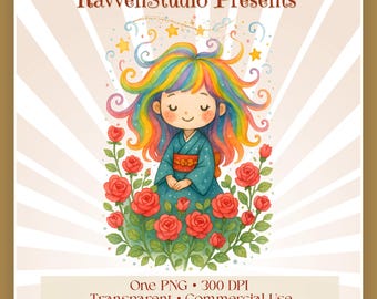 Ragazza dai capelli arcobaleno PNG Clipart / Kimono giapponese, giardino di rose (download digitale/uso commerciale consentito)