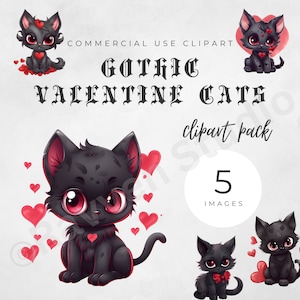 Conjunto de imágenes prediseñadas de gato gótico de San Valentín / Gato cómico / Gato gracioso / Imágenes prediseñadas de gato lindo / Gato de San Valentín / Gato negro / Me encantan los gatos / Gótico / Gatos vampiro