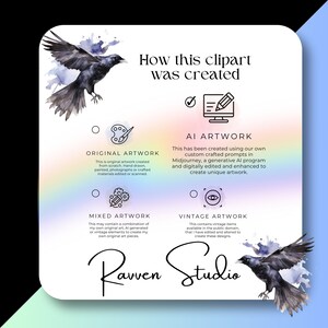 Op de afbeelding: Een grafiek die uitlegt hoe clipart wordt gemaakt. De grafiek toont vier verschillende methoden: origineel artwork, AI artwork, gemengd artwork en vintage artwork. Elke methode wordt ge&iuml;llustreerd met een eenvoudig pictogram en een korte beschrijving. De grafiek bevat ook een aquarel-illustratie van een raaf.