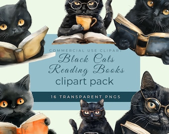 Black Cats Reading Books Clipart | Cozy Reading | Cat Png | Digital Download | Home Library  | Reading | Cat Clipart | Watercolor Black Cats