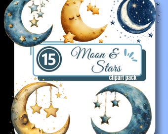 Clipart céleste, lune et étoiles Clip Art, illustration de bébé fais de beaux rêves, étoiles PNG, graphismes commerciaux ciel nocturne pour les créateurs et les artisans