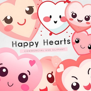 Happy Hearts Clipart | Instant Download | Heart Clip Art | Valentines Card | Smile png | Smiling Heart | Cartoon | Valentine&#39;s Heart Clipart