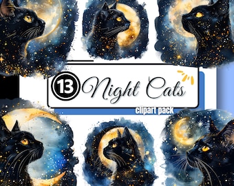 Night Black Cat Moon Clipart Silhouette Halloween Magic Feline Junk Journal PNG Instant Digital Download Commercial Use Creators & Crafters