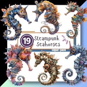 Steampunk Seahorse Clipart Under the Sea Ocean Horse Fantasy Clip Art Junk Journal PNG Digital Download Commercial Use 4 Creators & Crafters