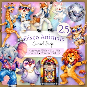 Könnte beinhalten: Ein digitales Clipart-Paket mit Cartoon-Tieren in Disco-Outfits. Das Bild zeigt eine Giraffe, Katze, Fuchs, Kaninchen, Eule, Elefanten, Pinguin und Löwen sowie eine Discokugel und eine Jukebox. Der Text lautet "Disco Animals Clipart Pack".