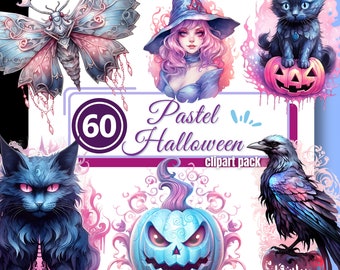 Pacchetto di clipart di Halloween in stile pastello, acquerello gotico, pipistrello, zucca, casa stregata, ragno, download digitale istantaneo, uso commerciale per i creatori