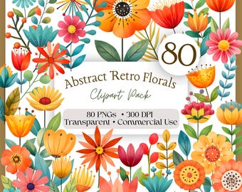 Paquete de imágenes prediseñadas de flores retro abstractas - Estilo MCM - Magia floral - Década de 1960 y 1970 - Flower Child - Uso comercial (Descarga digital)