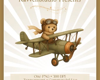 Vintage flygare nallebjörn clipart, retro flygplan PNG (digital nedladdning)