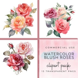 Aquarell Blush Rosen Clipart | Aquarell Blumen Clipart |  Blumen für Hochzeits-Einladung | Aquarell Blumen | Rose png | Kommerzielle Nutzung
