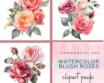 Watercolor Blush Roses Clipart | Watercolor Flower Clipart |  Flowers For Wedding Invitation | Watercolor Floral | Rose png | Commercial Use