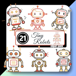 Könnte beinhalten: Ein Set mit 21 Clipart-Bildern mit niedlichen, cartoonartigen Robotern in verschiedenen Posen. Die Roboter sind alle weiß mit orangefarbenen, gelben und roten Akzenten. Der Text "Tiny Robots clipart pack" ist im Bild enthalten.