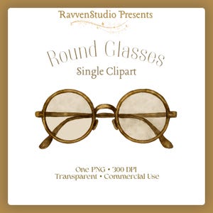 May include: Watercolor illustration of round glasses with a brown frame. The image includes the text "Round Glasses Single Clipart" and "RavvenStudio Presents". The glasses have a vintage aesthetic and are suitable for digital art projects.