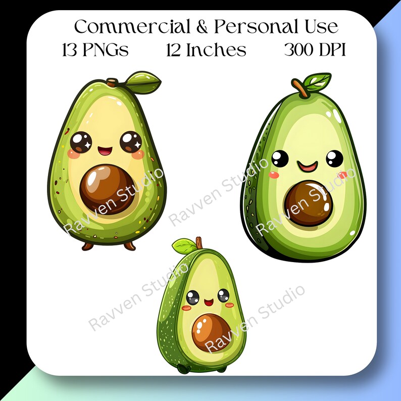Avocado Clipart, Kawaii Avocado Png, Cute Fruit Clip Art, Digital ...