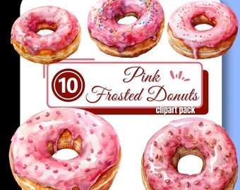Rosa gefrostete Donut Clipart, Erdbeer Donuts Clip Art Sublimation, digitaler Download, kommerzielle Nutzung, Streusel Donut Grafiken für Schöpfer