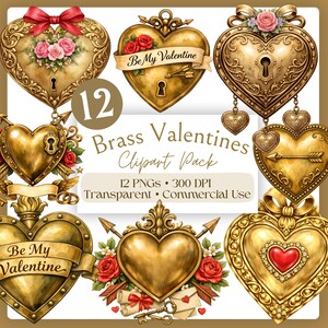 May include: A collection of 12 brass Valentine's Day clipart images. The designs include heart-shaped lockets, some with roses, ribbons, and arrows. The text "Be My Valentine" is featured on some of the hearts.