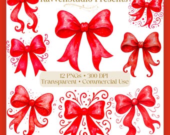 Red Bow Clipart: Holiday Clipart • Christmas Ribbon PNGs • Scrapbook & Craft Graphics, Digital Download Commercial Use